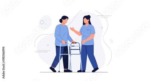 Nurse assisting elderly woman with walker, healthcare concept, flat illustration