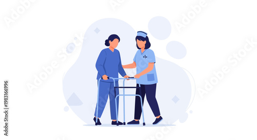 Nurse assisting elderly woman with walker, rehabilitation and care concept