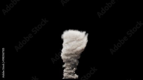 Long shot of Isolated Large Dust Tornado without debris rising upwards from to ground on a black background
