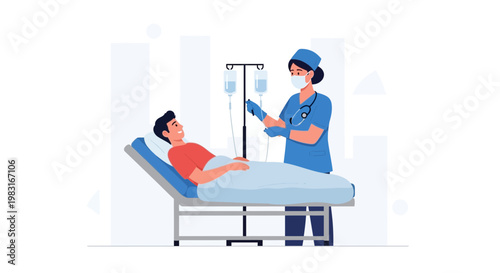 Nurse Administering IV Drip to Patient in Hospital Bed