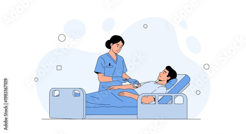 Nurse Administering IV Drip to Patient in Hospital Bed, Medical Care Illustration