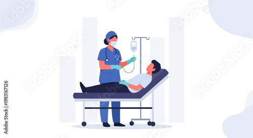 Nurse Administering IV Drip to Patient Lying in Hospital Bed - Medical Care Illustration