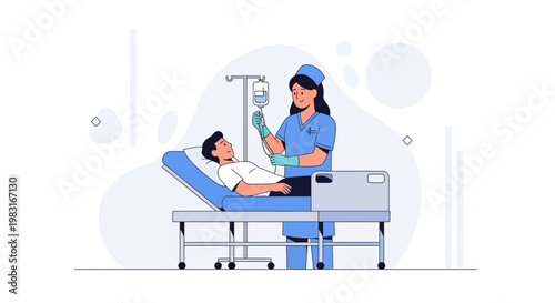Nurse Administering IV Drip to Patient Lying in Hospital Bed, Medical Care Illustration