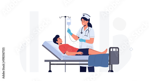 Nurse Administering IV Drip to Patient Lying in Hospital Bed