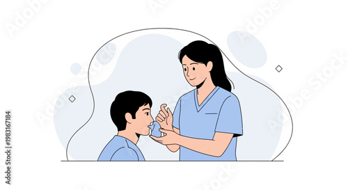 Nurse administering nasal spray to child, healthcare illustration