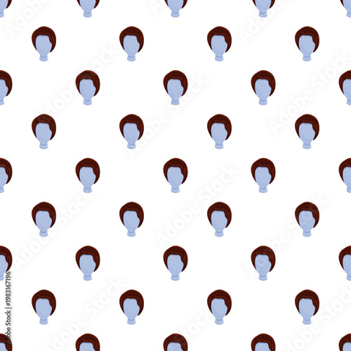 Mannequin heads displaying short brown wigs repeating as a seamless pattern