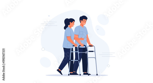 Nurse assisting elderly man with walker, rehabilitation and care concept