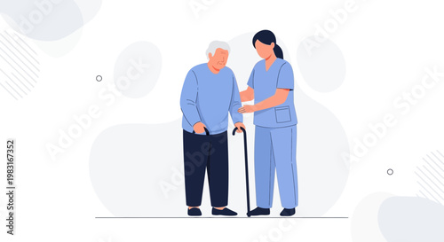 Nurse assisting elderly man with walking cane, healthcare support, home care concept