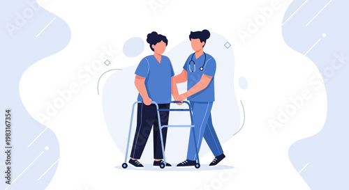 Nurse Assisting Elderly Patient with Walker, Healthcare Support, Rehabilitation