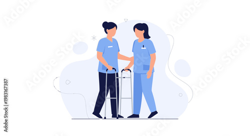 Nurse assisting elderly patient with walker, rehabilitation and care concept