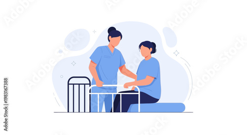 Nurse assisting elderly patient with walker, home care, rehabilitation, medical support