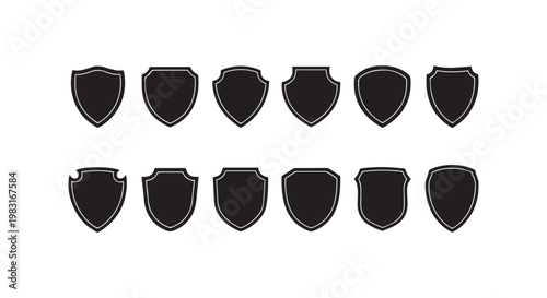 Blank heraldic shield silhouettes collection for security logo design and protective insignia branding for company identity.
