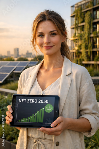 Young professional woman reviewing net zero carbon goals on rooftop garden with solar panels