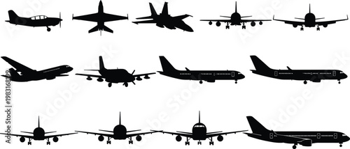 Airplane silhouettes set various aircraft types including jet fighter passenger planes aviation transport vector illustration collection isolated