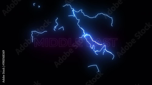 Neon glowing map of the Middle East with country borders highlighted in blue, futuristic digital style on dark background with luminous lines and modern animated visual