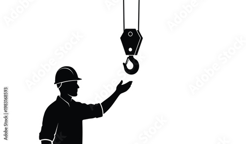 A construction worker wearing a hard hat reaches towards a suspended industrial crane hook depicted in a stark silhouette high quality professional detailed modern