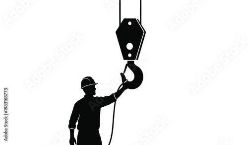 A stark black silhouette depicts a construction worker operating a heavy duty crane hook emphasizing industrial strength and labor silhouette high quality professional detailed