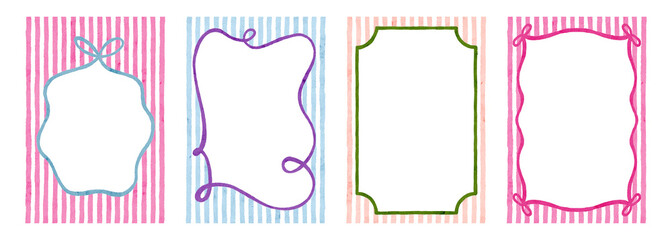 Hand Drawn Vibrant summer watercolor frame. Mediterranean style Border with wavy stripes and line in trendy, vintage styles. Perfect for quirky holiday, wedding, birthday gift decorations.