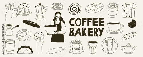 Hand drawn coffee and bakery illustration set with people and characters. Includes cups, croissants, donuts, muffins and drinks in minimal doodle style. Perfect for cafe menus, restaurant branding