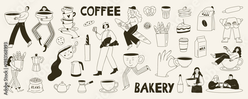 Hand drawn coffee and bakery illustration set in cute doodle style. Includes cups, croissants, cakes, bread and man, woman barista characters. Perfect for cafe menu, poster, sticker, brunch  design.