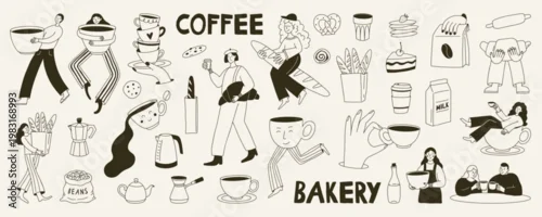 Fototapeta na wymiar Hand drawn coffee and bakery illustration set in cute doodle style. Includes cups, croissants, cakes, bread and man, woman barista characters. Perfect for cafe menu, poster, sticker, brunch  design.