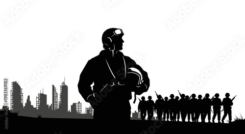 Silhouette of Soldier Standing Tall with Cityscape and Army Behind