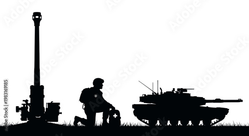 Silhouette of Soldier with Artillery Gun and Tank on Grassy Field