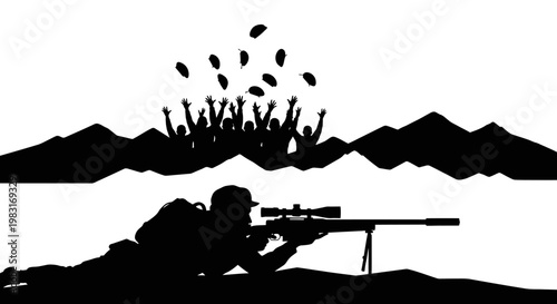 Sniper aiming at crowd throwing grenades, war conflict, military action, silhouette, danger, attack
