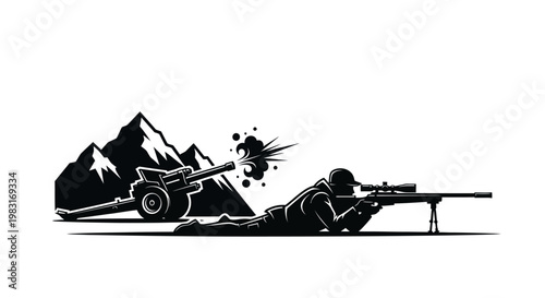 Sniper Aims Rifle During Artillery Barrage with Mountain Background