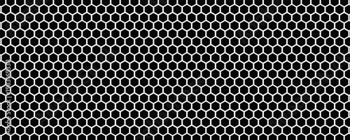 Black seamless hexagon pattern. Repeating honeycomb texture background. Geometric hexagonal halftone tech overlay backdrop. Abstract repeated hex texture. Vector retro technology dot wallpaper
