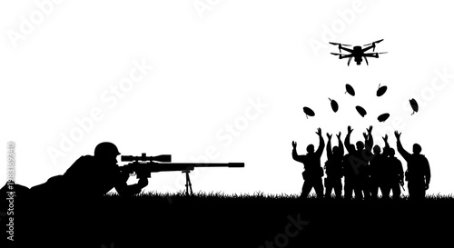 Sniper Aims Drone Dropping Bombs on Crowd, Silhouette Warfare Concept