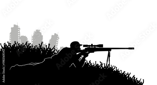 Sniper silhouette in camouflage, aiming rifle from grass, ruined city background, war concept