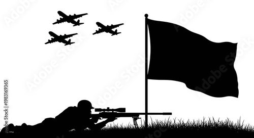 Sniper soldier aiming rifle at flag, fighter jets flying overhead, military conflict concept