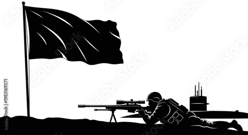 Sniper soldier with rifle and flag, submarine in background, military, war, surveillance, strategy