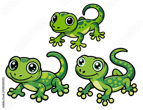 three cartoon lizards with big eyes and small mouths