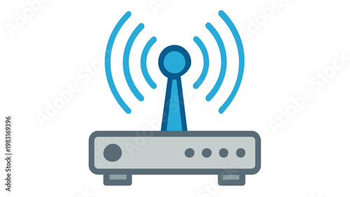 Minimalist flat vector icon illustration of a wireless router or telecommunications transmitter emitting signal waves, representing high-speed internet connectivity, network technology, and data.
