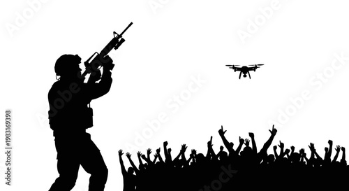 Soldier aiming rifle at drone above cheering crowd, silhouette, conflict, surveillance