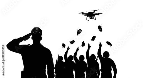 Soldier Salutes Drone Dropping Parachutes Over Crowd