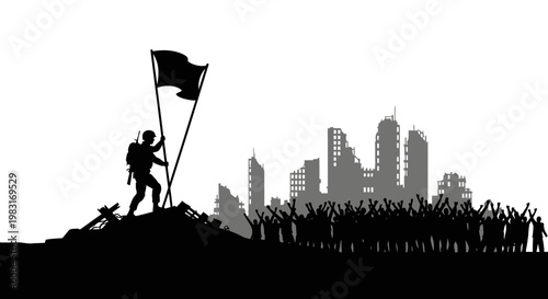 Soldier Raises Flag on Ruined Cityscape, Victory Over Destruction