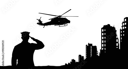 Soldier Salutes Helicopter Over Ruined Cityscape Silhouette