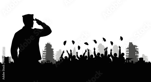Soldier Salutes Over Crowd Celebrating Victory Amidst Destroyed Cityscape Silhouette