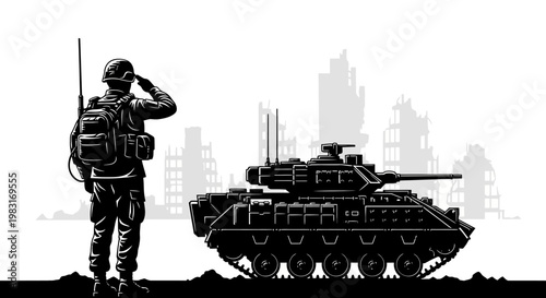 Soldier Saluting Beside Tank in Ruined City Silhouette