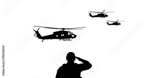 Soldier Saluting Helicopter Formation Silhouette