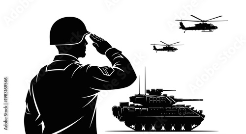 Soldier Saluting Military Vehicles: Tank and Helicopters - Silhouette
