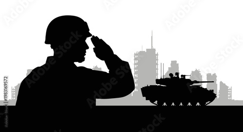 Soldier Saluting in War-Torn City with Tank Silhouette