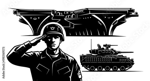Soldier Saluting Near Aircraft Carrier and Tank, Military Power and Patriotism