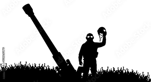 Soldier Silhouette Holding Helmet Next to Artillery Gun, Victory Symbol