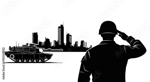 Soldier Saluting Tank and Cityscape Silhouette, Military Concept