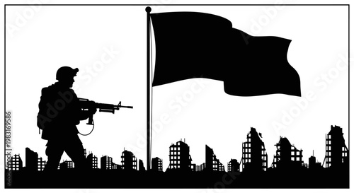 Soldier Standing Guard in Ruined City Under Waving Flag Silhouette