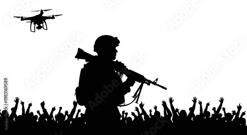 Soldier Silhouette with Drone and Crowd, Surveillance and Control Concept